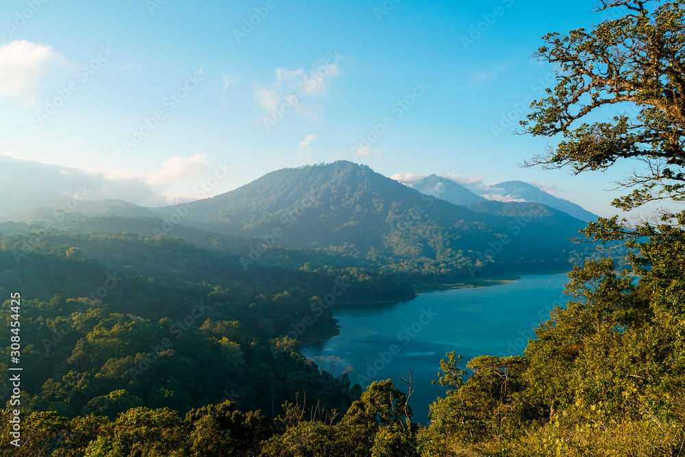 Point de vue sur un joli lac, une foret et des montagnes à Bali