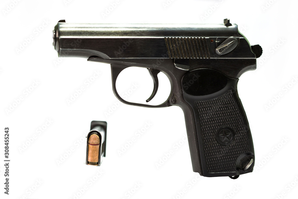 isolated combat black pistol with cartridges on a white background