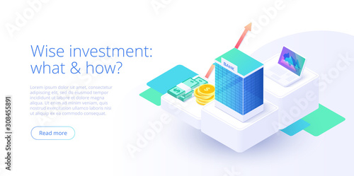 Bank building in money transaction concept in isometric vector design. Payment transfer or making deposit or investment. Web banner for website layout template.