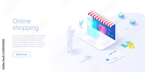 Online shopping or e-commerce isometric vector illustration. Internet store checkput procedure concept with smartphone and bag. Credit card payment transaction via app.