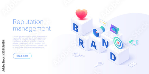 Building brand strategy in isometric vector illustration. Identity marketing and reputation management. Brand persona creation. Web banner layout template. photo