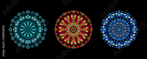 Stained glass illustration collection, circle shape pattern, rose window mandala ornament, tracery. Round frames set, radial floral motive design element. Colorful mosaic decoration, background photo