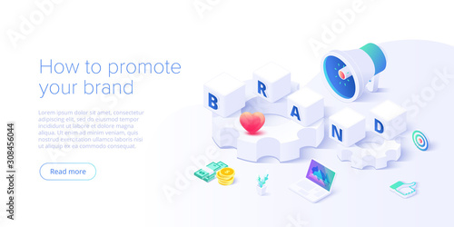 Building brand strategy in isometric vector illustration. Identity marketing and reputation management. Brand persona creation. Web banner layout template.