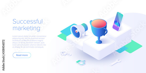 Successful mobile marketing  strategy in isometric vector design. Online internet promotion concept with smartphone. Web banner layout template for landing website or webpage.