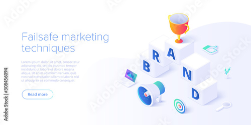 Building brand strategy in isometric vector illustration. Identity marketing and reputation management. Brand persona creation. Web banner layout template.