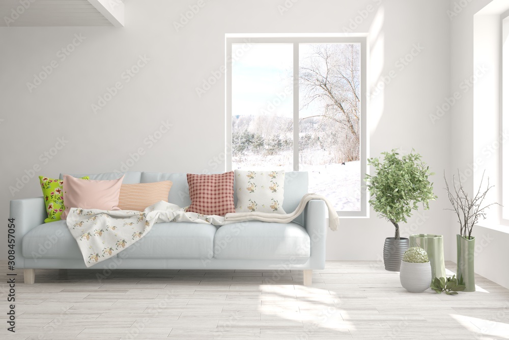 Stylish room in white color with sofa and winter landscape in window. Scandinavian interior design. 3D illustration Stylish room in white color with sofa and winter landscape in window. Scandinavian interior design. 3D illustration