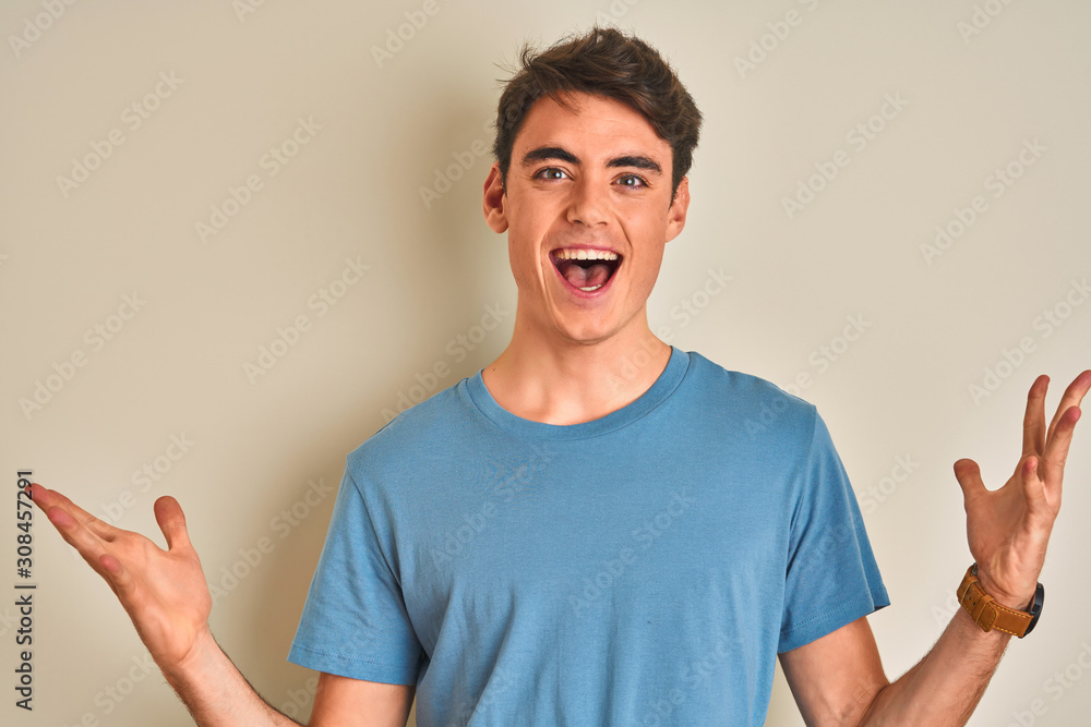 Teenager boy wearing casual t-shirt standing over isolated background celebrating crazy and amazed for success with arms raised and open eyes screaming excited. Winner concept Teenager boy wearing casual t-shirt standing over isolated background celebrating crazy and amazed for success with arms raised and open eyes screaming excited. Winner concept