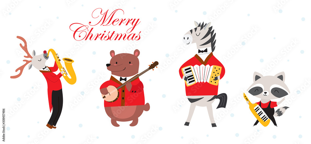 Happy New Year. Stylish card or poster with cute animal band in cartoon style.Vector illustration with animal musicians in music festival.