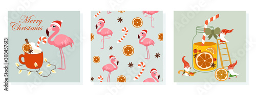 Set of christmas cards and a pattern. Vector seamless texture with flamingo, orange, cinnamon and sweets. Card of cute gnomes making the cocktail and flamingo with drink. photo