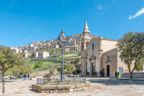View over the church of Santo Spirito and the village of Gangi in Sicily, Italy