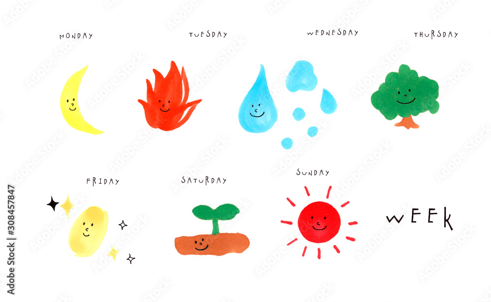 ほっこりカラフル １週間モチーフ 手書きイラスト 手描き ほのぼの イラスト素材 イラスト Stock Illustration Adobe Stock