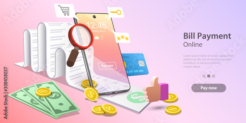 Vector concept illustration of bills online payment, secure mobile transaction, electronic shopping and banking. Template for website landing page.