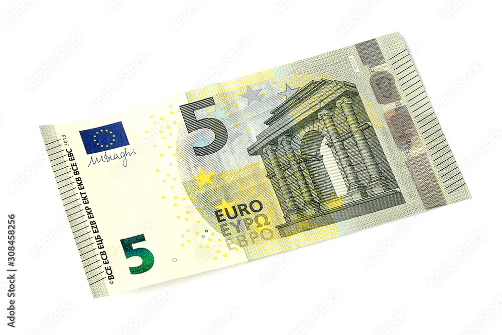 New banknote 5 (five) euros. Isolate, close-up. 5 euro banknote isolated on white background. Five Euro banknote isolated on white. View from above. New banknote 5 (five) euros. Isolate, close-up. 5 euro banknote isolated on white background. Five Euro banknote isolated on white. View from above.