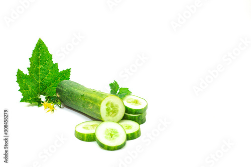 Fresh Cucumber and slices isolated on a white background photo