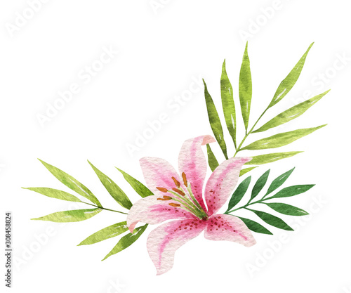 Watercolor vector bouquet with Lily flower and green tropical leaves.