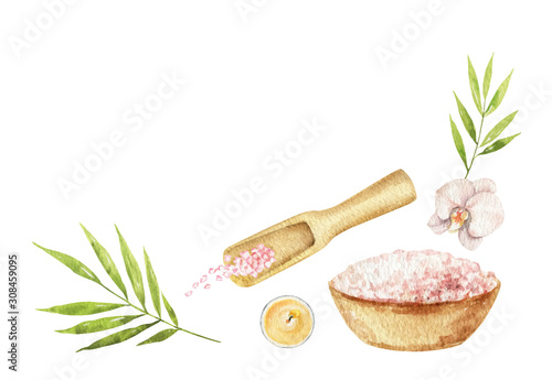 Watercolor vector Spa arrangement of cosmetic products.