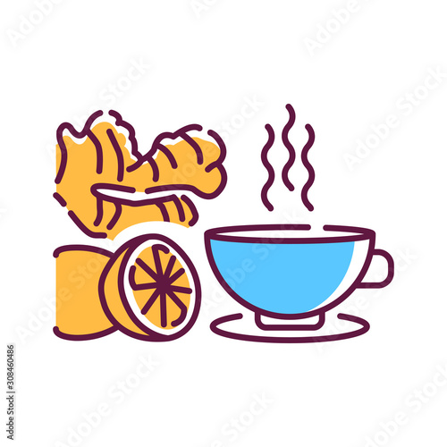 Tea with lemon and ginger color line icon. A drink that helps to recover. Pictogram for web page, mobile app, promo. UI UX GUI design element. Editable stroke.