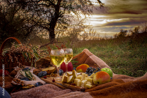 wine, fruits, cheese and nuts on a wooden board