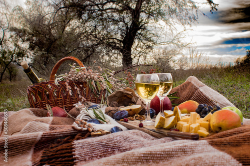 wine, fruits, cheese and nuts on a wooden board, autumn, bare trees