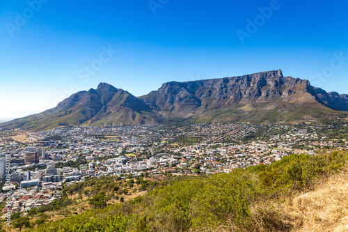 View over Cape Town, Devil's Peak and Table Mountain from Signal Hill on a sunny day, South Africa