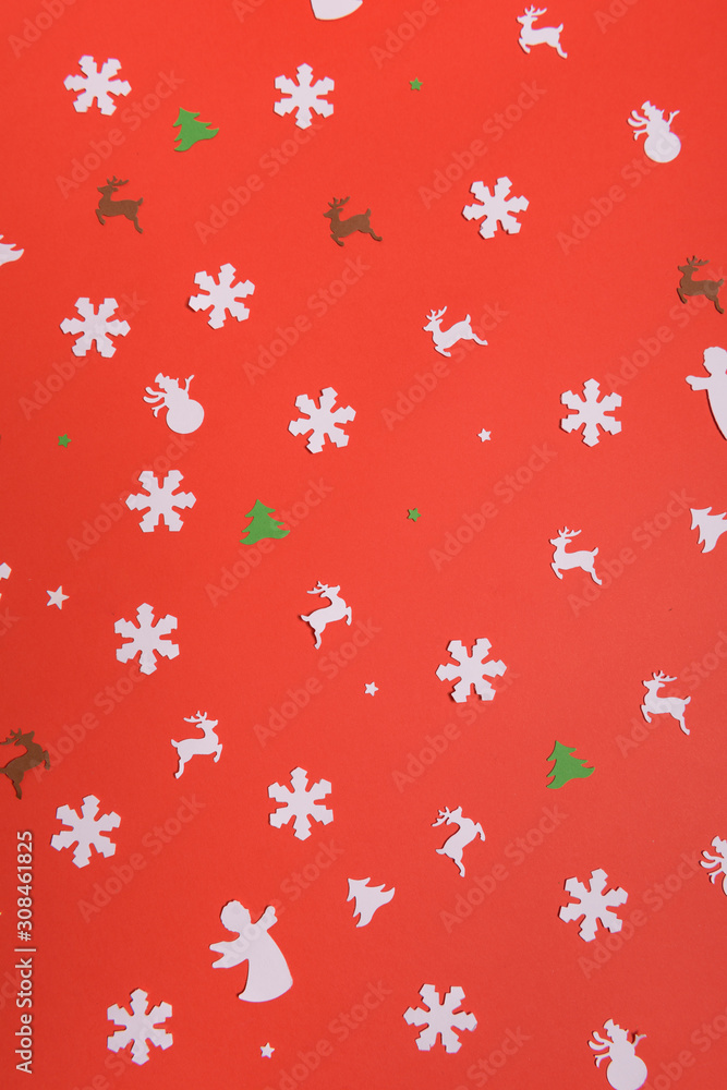 Christmas or New Year background, plain composition made of Xmas decorations and fir branches, flat lay, blank space for a greeting text