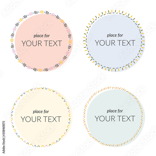 Round shape backdrops with embroidery decorative borders, hand drawn doodle frames, vector labels with simple thread lines. good as banner, card or social media post template.