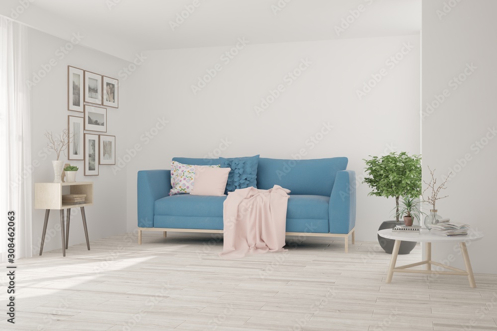 Stylish room in white color with sofa. Scandinavian interior design. 3D illustration Stylish room in white color with sofa. Scandinavian interior design. 3D illustration