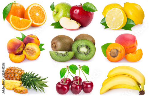 Collection of fresh fruits on white background