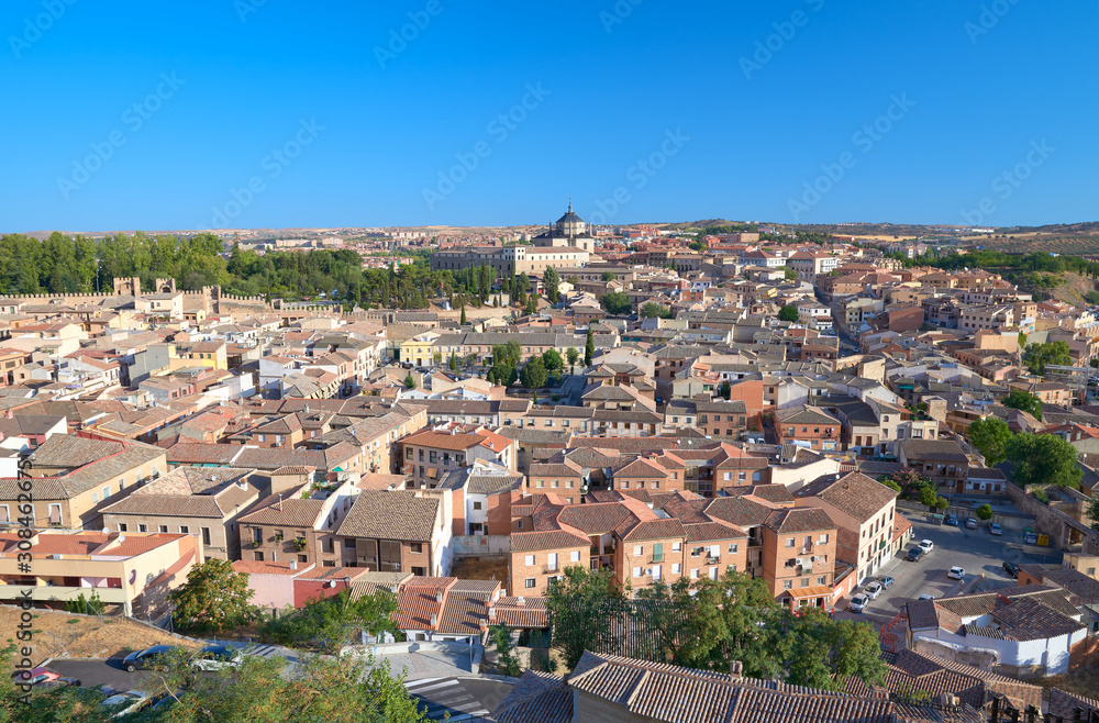 Panoramic view of the Antequeruela Arrabal outskirts neighborhood with the Tavera Hospital in the background in the city of Toledo, Castilla la Mancha, Spain