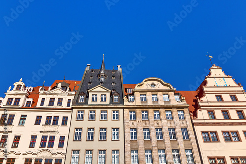 Historische Hausfassaden am Marktplatz in Leipzig, Sachsen, Deutschland