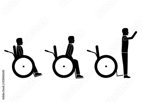 wheelchair man icon. disabled person rises from a chair. help and support concept. vector illustration.