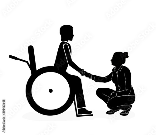 woman lifts a support hand to a man in a wheelchair. woman and disabled person. mutual assistance and support. vector illustration.
