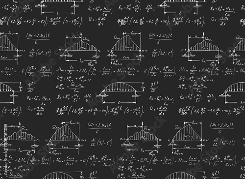 Physics seamless pattern with the equations, figures, outlines, plots and other calculations on blackboard. Retro handwritten vector Illustration.