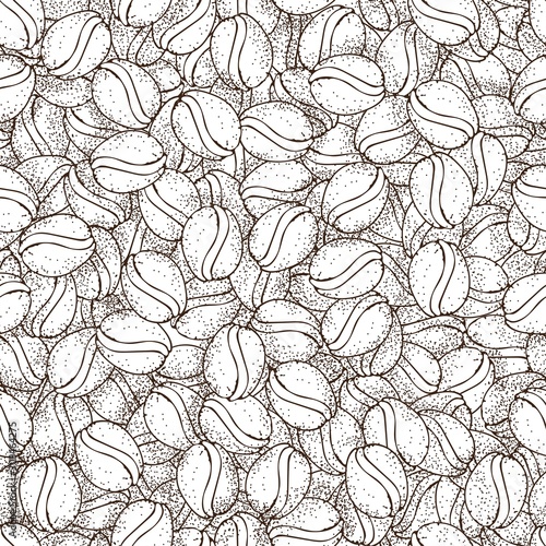 Vector hand drawn pattern of coffee seeds. Coffee beans seamless pattern on white background. Seamless coffe background with bean and seed of cafe. Simple coffee pattern with light texture