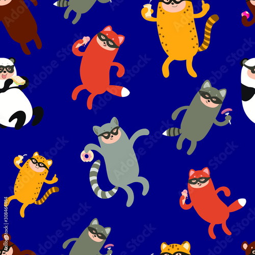 seamless vector pattern, background for kids. Funny cartoon style characters, animals are dancing , they have masks on their faces and eat different popular snacks. 