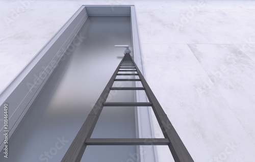 A step ladder standing against a big and high office door. View from the bottom up. Conceptual creative illustration with copy space. 3D rendering.