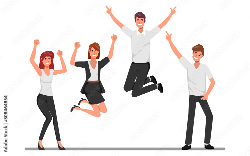 Happy jumping office workers flat vector illustration. Cheerful corporate employees cartoon characters set. 