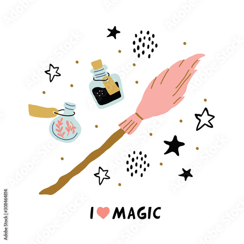 school of magic objects isolated - pink broom
