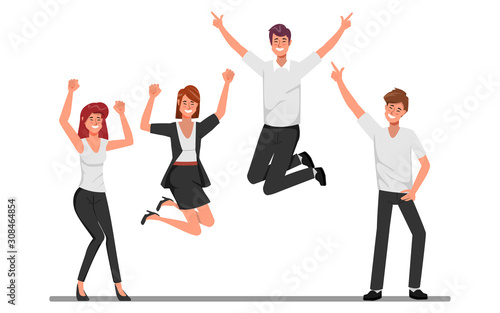 Happy jumping office workers flat vector illustration. Cheerful corporate employees cartoon characters set. 