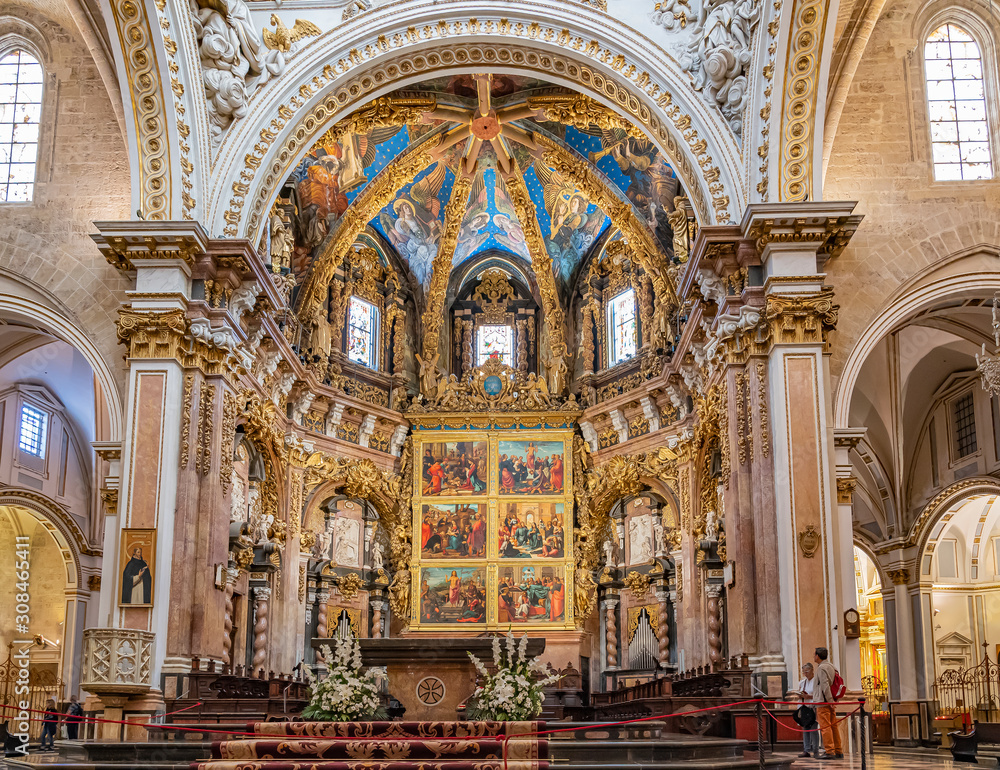 The ornate altar Catedral de Santa Maria in Valencia, Spain