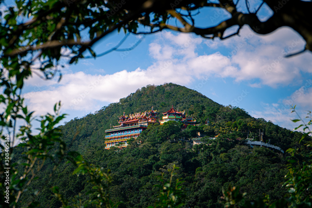 asia, temple, mountain, taipei, taiwan, landscape, sky, nature, green, tree, view, mountains, summer, panorama, forest, village, travel, blue, hill, old, building, cloud, trees, house, valley, archite