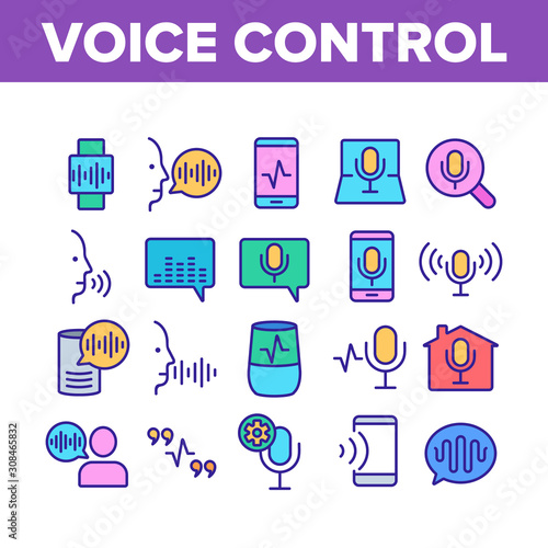 Voice Control Command Collection Icons Set Vector Thin Line. Laptop And Smartphone, Smart Home And Assistant Voice Control Concept Linear Pictograms. Color Contour Illustrations