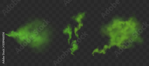 Green bad smell. Stinking streams of farting, smoke clouds or stench gases. Vector realistic set of chemical toxic vapour, breath or sweat odor isolated on transparent background photo