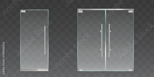 Clear glass doors for office or shop isolated on transparent background. Vector realistic set of single and double doors with metal frame and handles. Modern store entrance