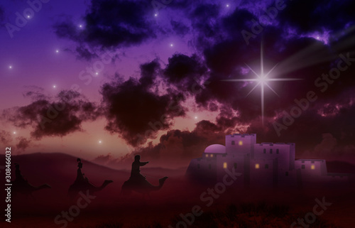 Print op canvas Christmas time. Three kings and star of Bethlehem. Copy space.
