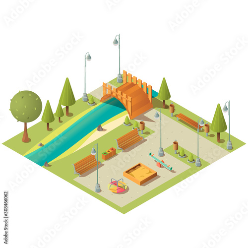 Isometric landscape of city green park with playground. Garden area with grass lawns, benches and bridge over river. Vector 3d carousel, seesaw swing and sandbox for children activity
