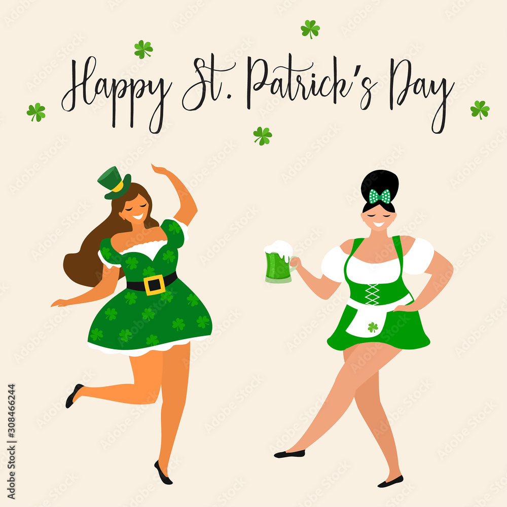 Fototapeta premium Saint Patrick 's Day. Template with funny dancing people in festive costumes. Vector illustration. Idea for banner, poster, card, postcard and printable.