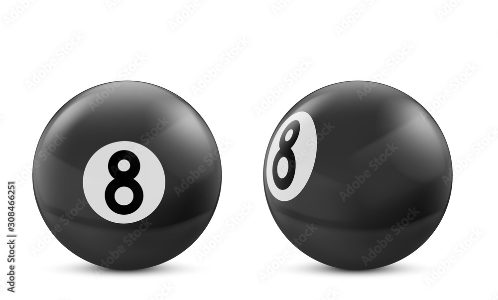 Black billiard eight ball isolated on white background. Vector realistic pool or snooker ball with number 8 in front and side view Black billiard eight ball isolated on white background. Vector realistic pool or snooker ball with number 8 in front and side view