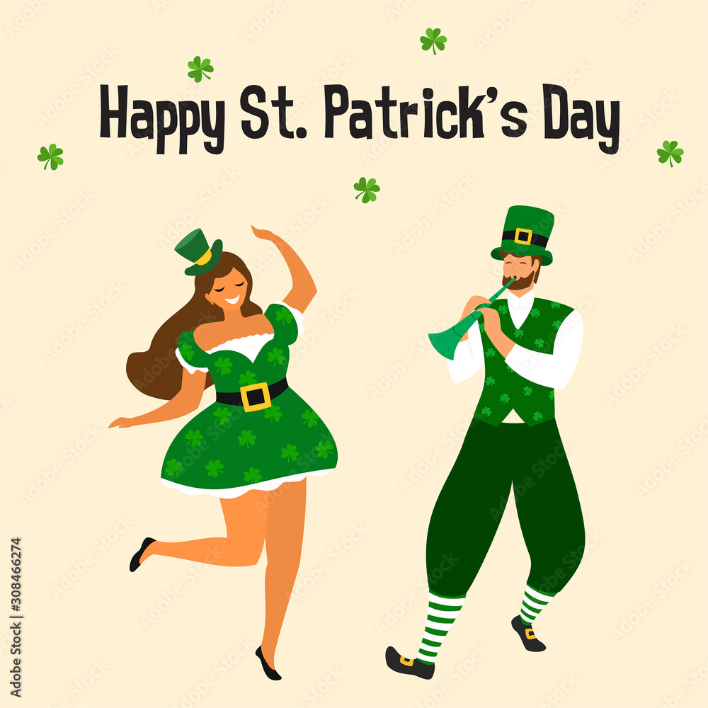Fototapeta premium Saint Patrick 's Day. Template with funny dancing people in festive costumes. Vector illustration. Idea for banner, poster, card, postcard and printable.