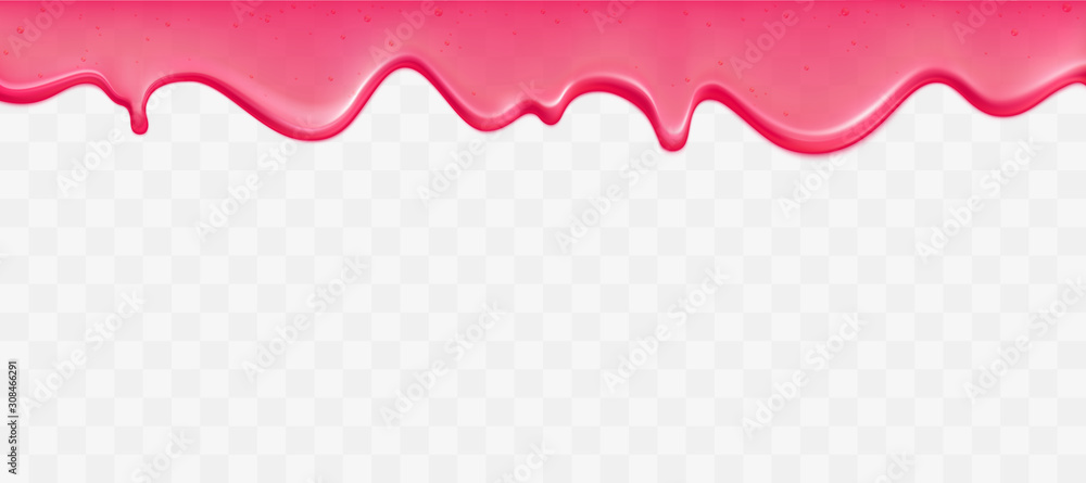 Dripping glossy pink slime with air bubbles isolated on transparent background. Border of flowing sticky sweet goo. Vector template of cream, jelly or caramel glaze for cake or donut. Dripping glossy pink slime with air bubbles isolated on transparent background. Border of flowing sticky sweet goo. Vector template of cream, jelly or caramel glaze for cake or donut.